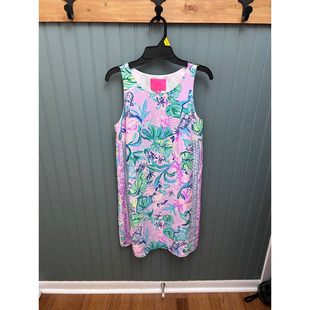 Lilly Pulitzer Pink Tropical Floral 100% Silk Shift Dress XXS Sleeveless Lace‎